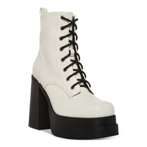 MADDEN GIRL Womens White 1-1/2" Platform Driven Toe Block Heel Combat Boots 9 M